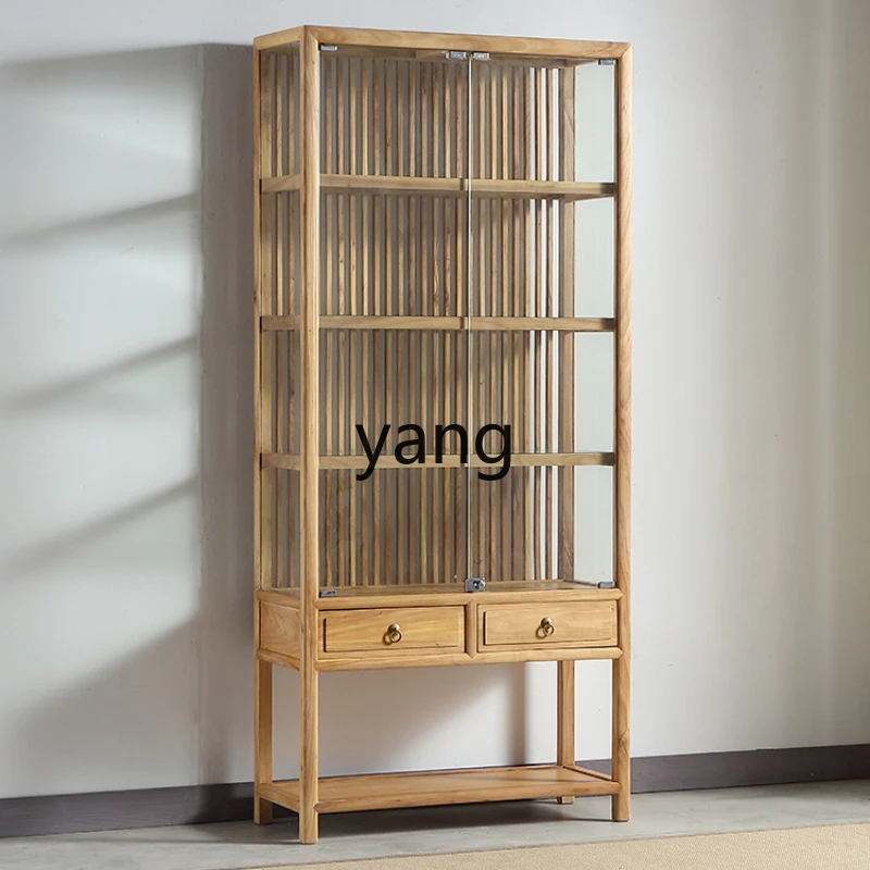 

LXL New Chinese Old Elm Glass Cabinet Jewelry Bookcase Bookshelf Zen Solid Wood Furniture Display