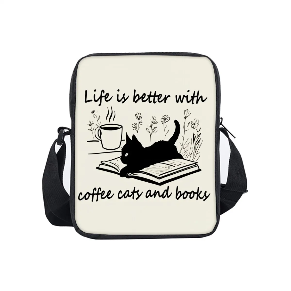 Coffee Cat Flower Starry Sky Printe Single Sided Messenger Bag for Boy/Girls Children Best Gifts 2D Cartoon Casual Crossbody Bag