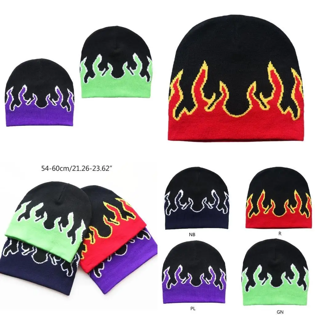 

652F Y2K Flame Beanie Knit Beanie Hat Beanie Slouchy Beanie Graphic Beanie Skullies Beanie Flame Skull Cap