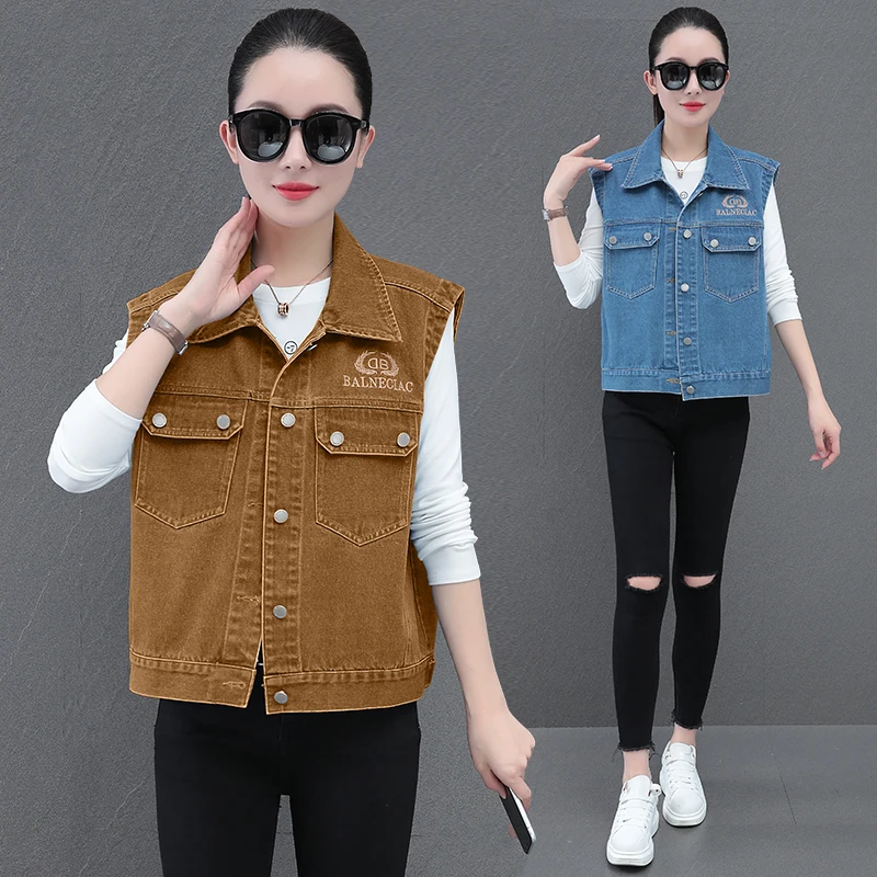 Faionable Casual Loose Denim Svel  Collar Vest with kets Embroidery Outerwear Women's Commute Sle Cotton Jaet