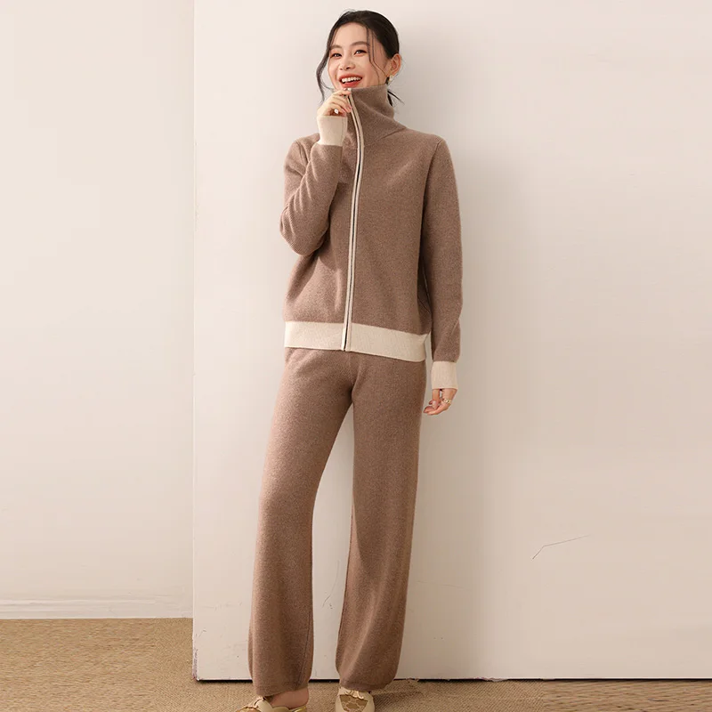 2025 Autumn Women Casual Blazer Cardigan Sweater Pants Set Long Sleeve Zipper Blazer + Wide Leg Trousers Lady Office Outfit Suit