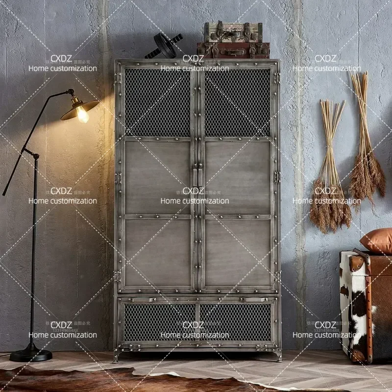 American Retro Wrought Iron Bookcase File Cabinet Industrial Style Storage Locker for Bar Cafe Home Office Wine Display Shelf