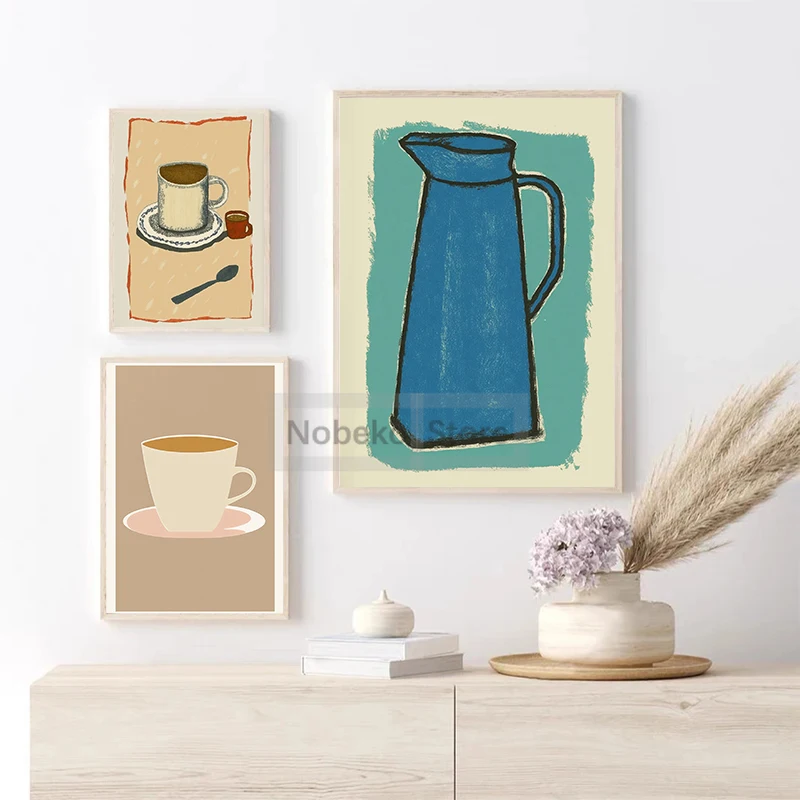 Hand Painted Coffee Cup and Pot Poster Quaint Kitchen Abstract Prints Canvas Painting Wall Art Pictures Home Room Vintage Decor