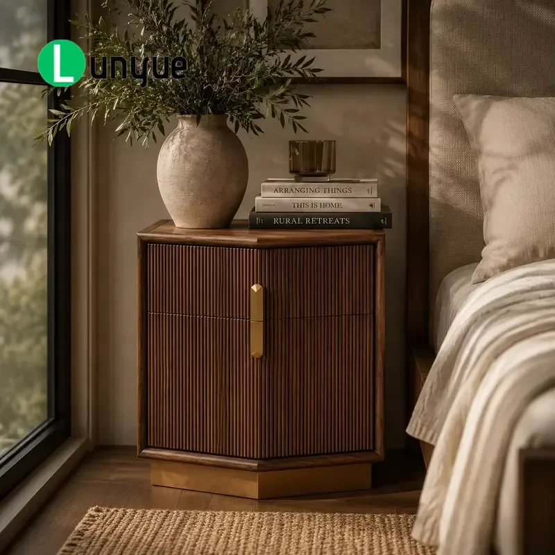 Modern Luxury 22 Inch Pentagonal Bedside Table Grooved Wood Grain 2 Drawers For Villa Hotel Bedroom Furniture ODM