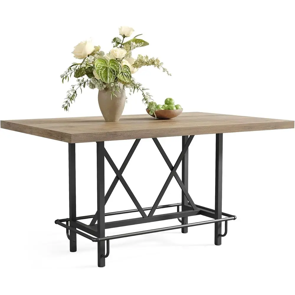 63 طاولة بار على الطراز الصناعي مع مسند قدم معدني، ارتفاع مضاد للمطبخ، بار منزلي وترفيه باللون الرمادي الريفي #1