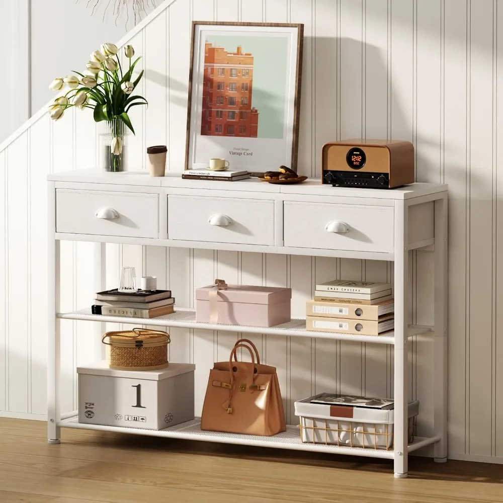 طاولة مدخل بيضاء من Furologee، طاولة أريكة كونسول مقاس 38 بوصة مع 3 أدراج قماشية، طاولة مدخل صناعية مع أرفف تخزين،