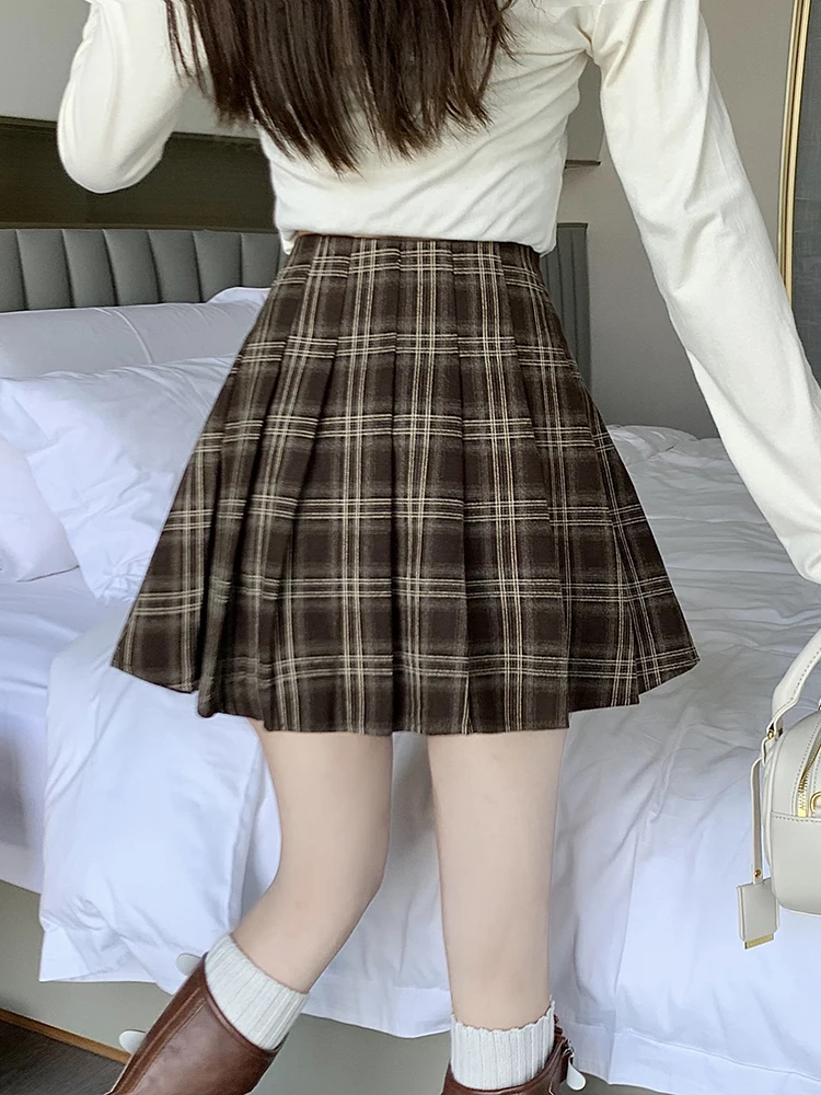 American Retro Coffee Plaid Warm Wool Mini Skirt For Women 2024 HIgh Waist Winter Short Pleated Skirts Female