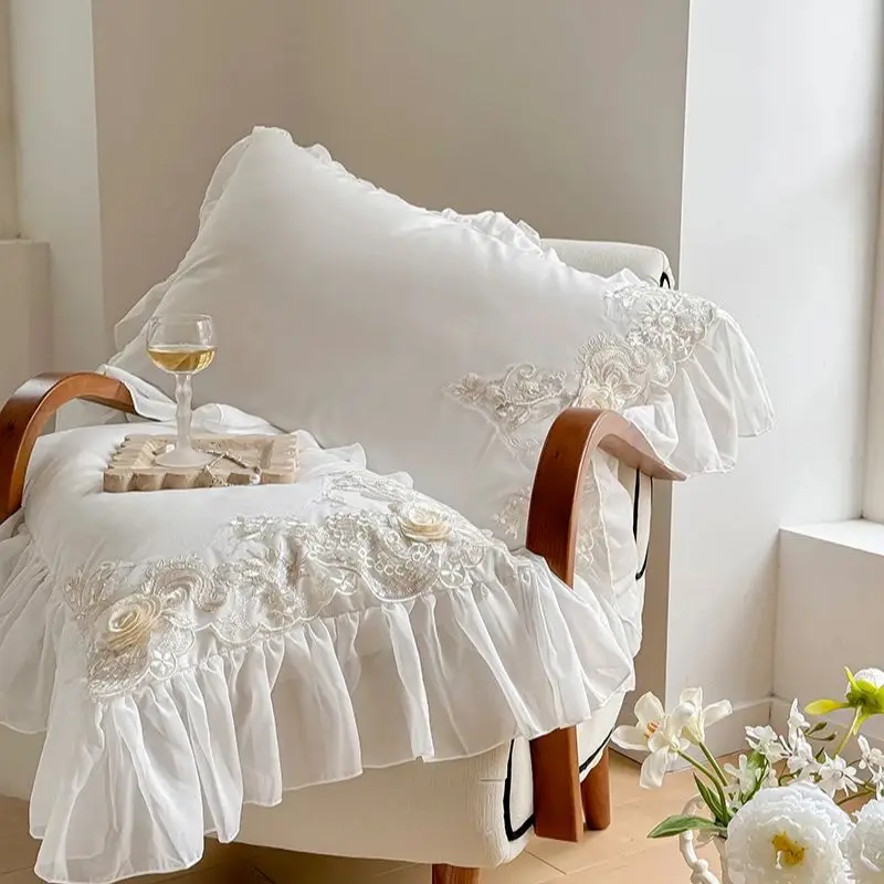 2Pcs Pink White Rose Embroidery Lace Ruffles Pillowcases Cotton Pillow Cover Sweet Princess Decor Bedroom Decorative Pillowslip