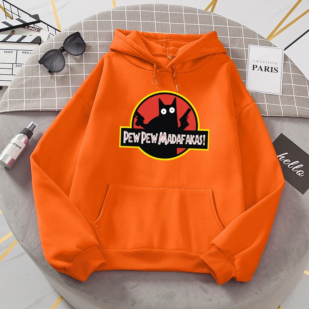 Women O-Neck Warm Hoodie Casual Daily Sweatshirts All Match Hooded Pew Pew Madafakas Black Cat With Two Guns Tracksuit