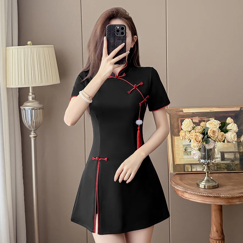 2026 New Chinese Style Black Tassel Cheongsam Dress+Shorts 2 Piece Set Women Red Green Side Split Slim Fit Summer Outfit view 5