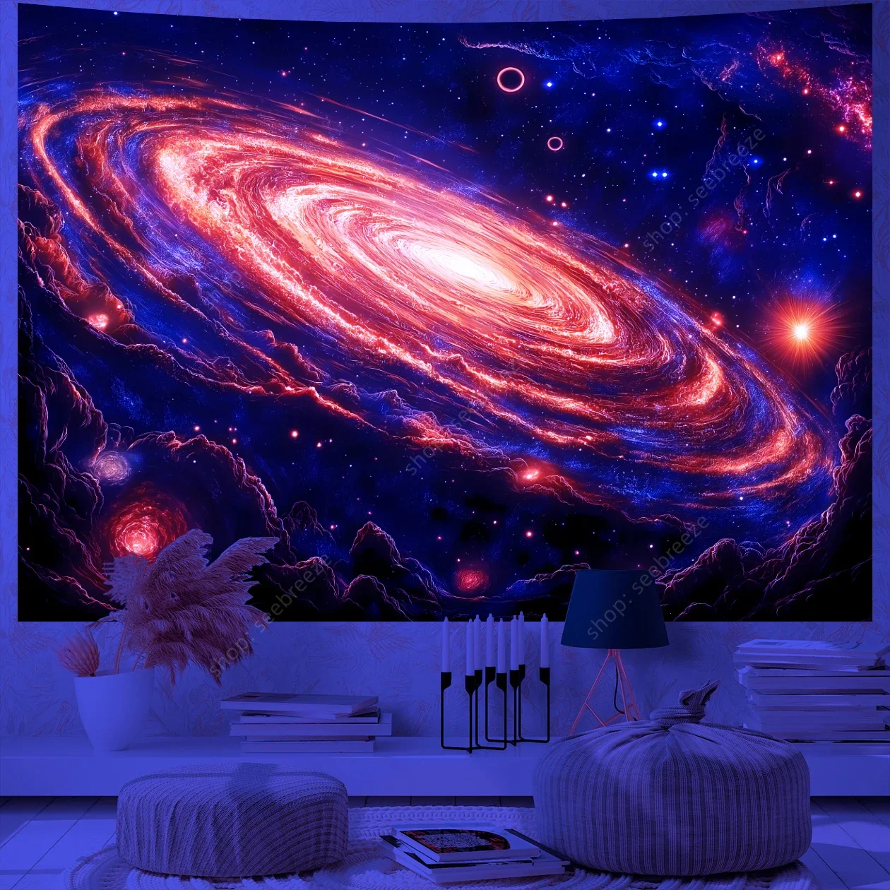 Psychedelic Galaxy UV Reactive Tapestry Universe Planet Starry Sky Tapestry Wall Hanging for Room Decor Aesthetic Ceiling Decor