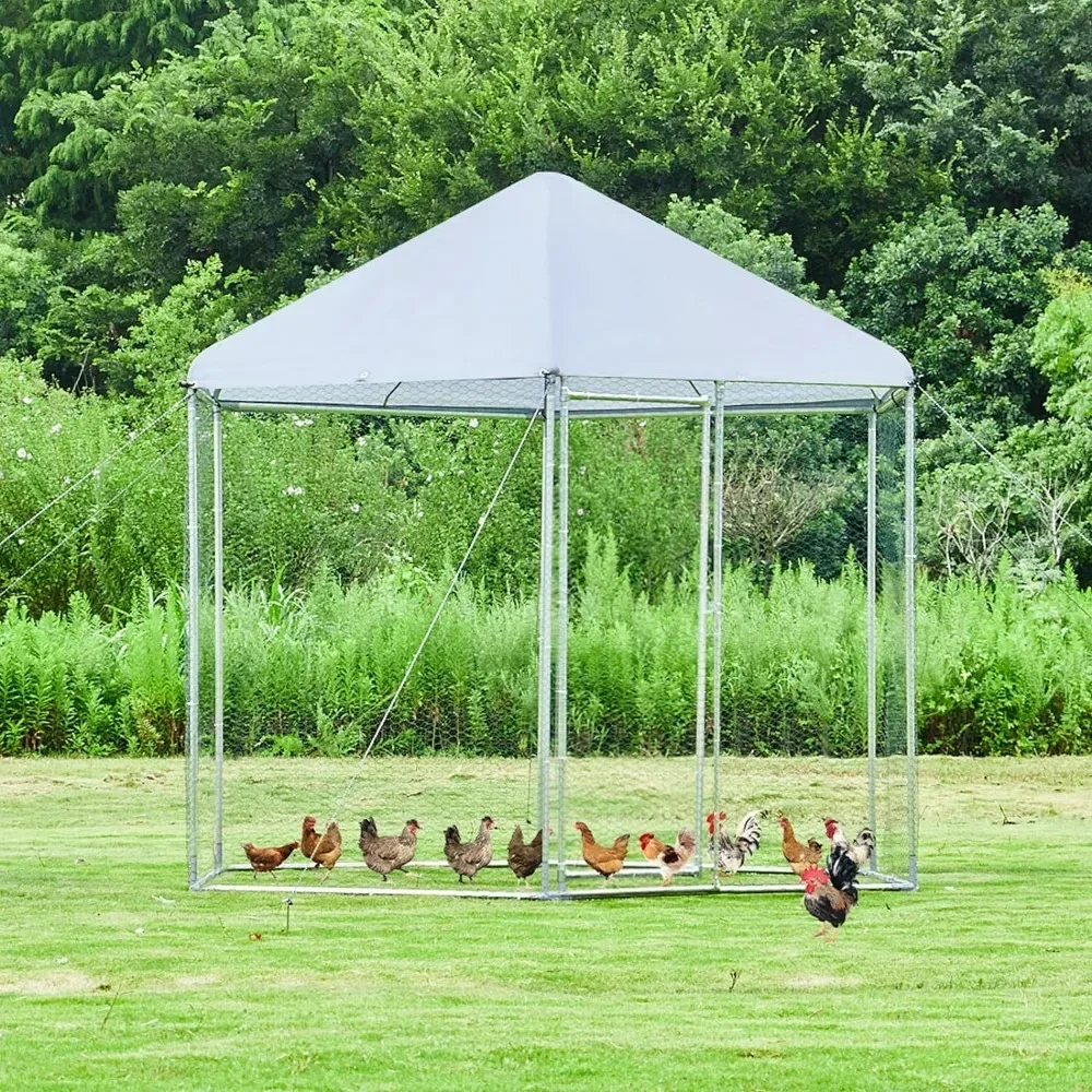 

Metal Chicken Coop Chicken Run Walk in Chicken Pen Hexagon Rabbit Habitat Poultry Cage with Waterproof Cover for Backyard Farm