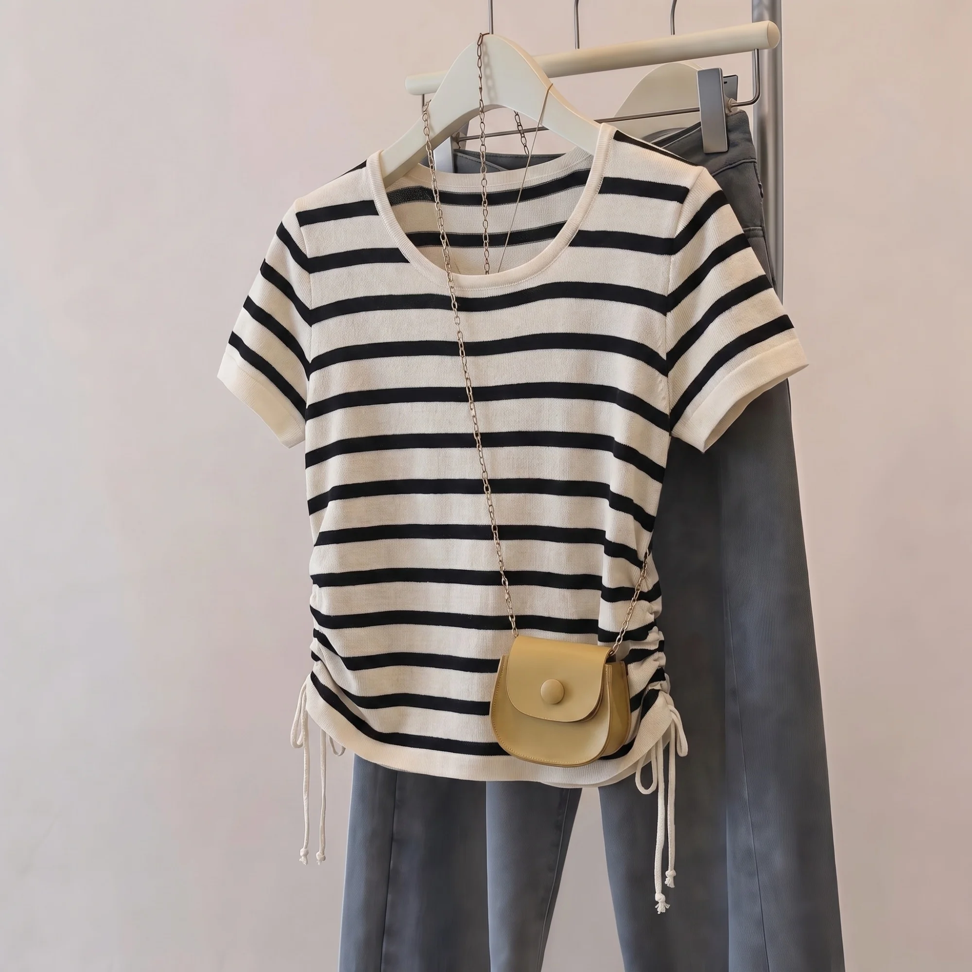 Summer Commute Style Striped Short Sleeve T-Shirt Women's plus Size Irregular Drawstring Top Korean Version Loose Fit
