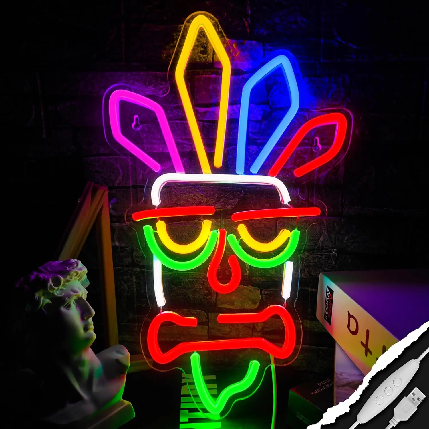 USB Dimmable Colorful Character Head Neon Sign with Feather Design LED Wall Art for Gaming Room Bar Party Decoration Gift