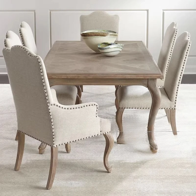 طاولة طعام من الخشب الصلب في الريف الأمريكي، وطاولة طعام فيلا فرنسية قديمة ومجموعة كرسي، وخشب رماد طويل #2