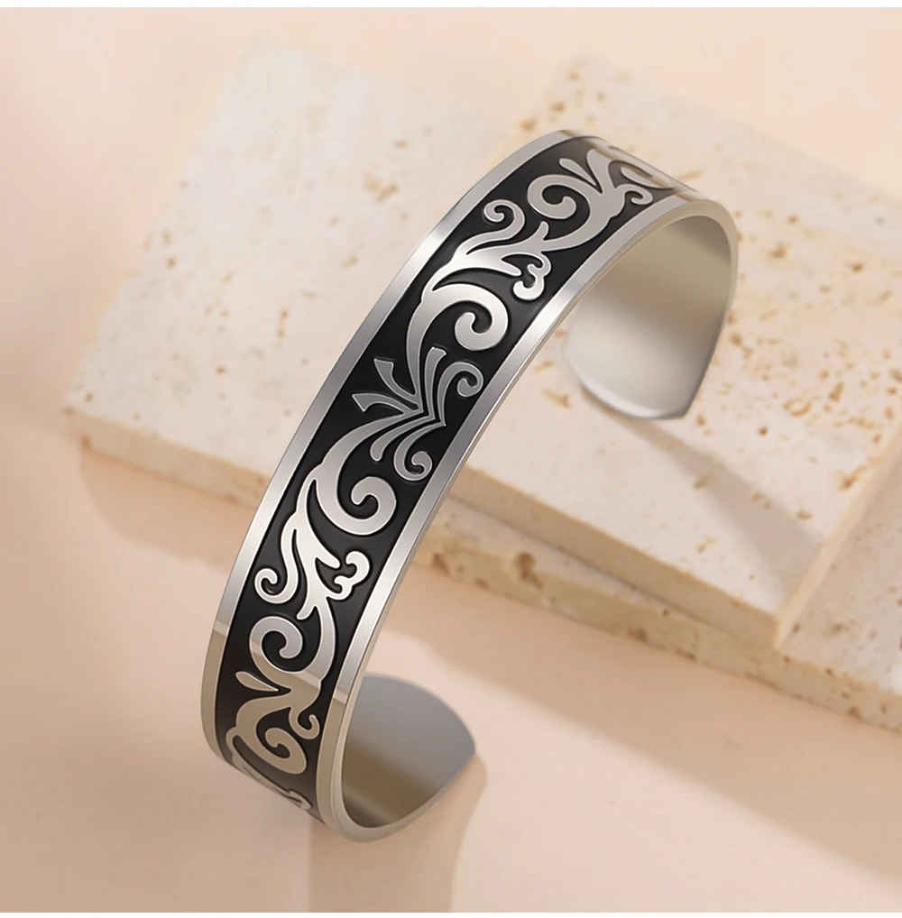 COOLTIME Vintage Muster Armband Edelstahl Blume Wort Baum Persönlichkeit männer Manschette Armreif Schmuck Zubehör – Detail 7