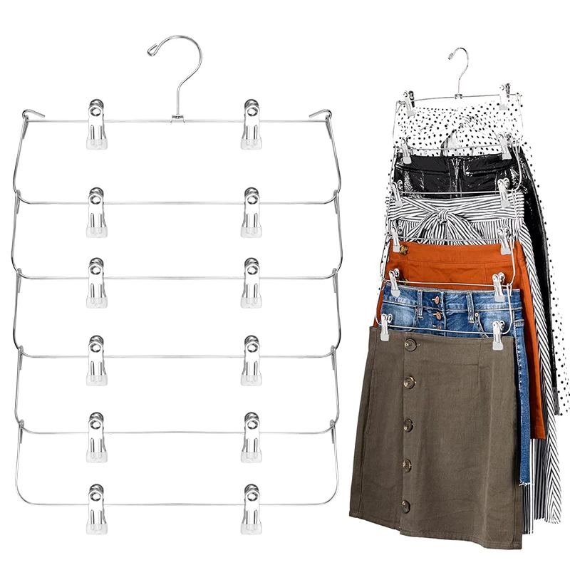 1/3/5PCS 6 Layers Foldable Space Saving Skirt Hanger Clips Pants Rack Wardrobe Non-Slip Metal Hangers Skirt Clothes Organizer