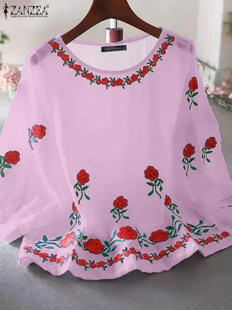 Zanzea Frauen Blumen druck Laterne Halbarm Top Sommer lose Bluse Mode Shirt koreanische lässige Rundhals-Tunika Overs ize