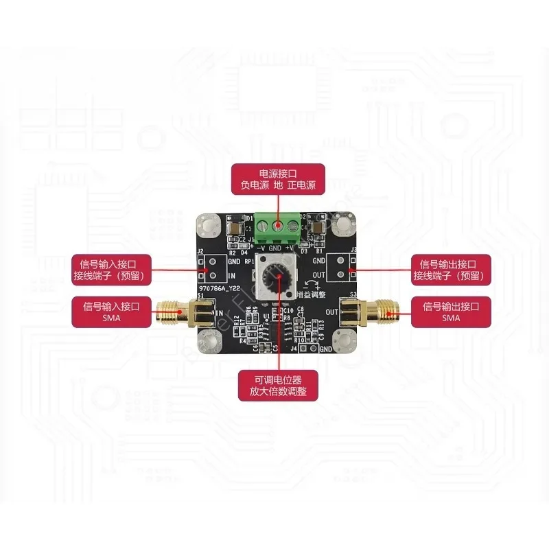 THS3091 High-frequency operational amplifier module with 210MHz bandwidth current feedback and adjustable gain for 27V output
