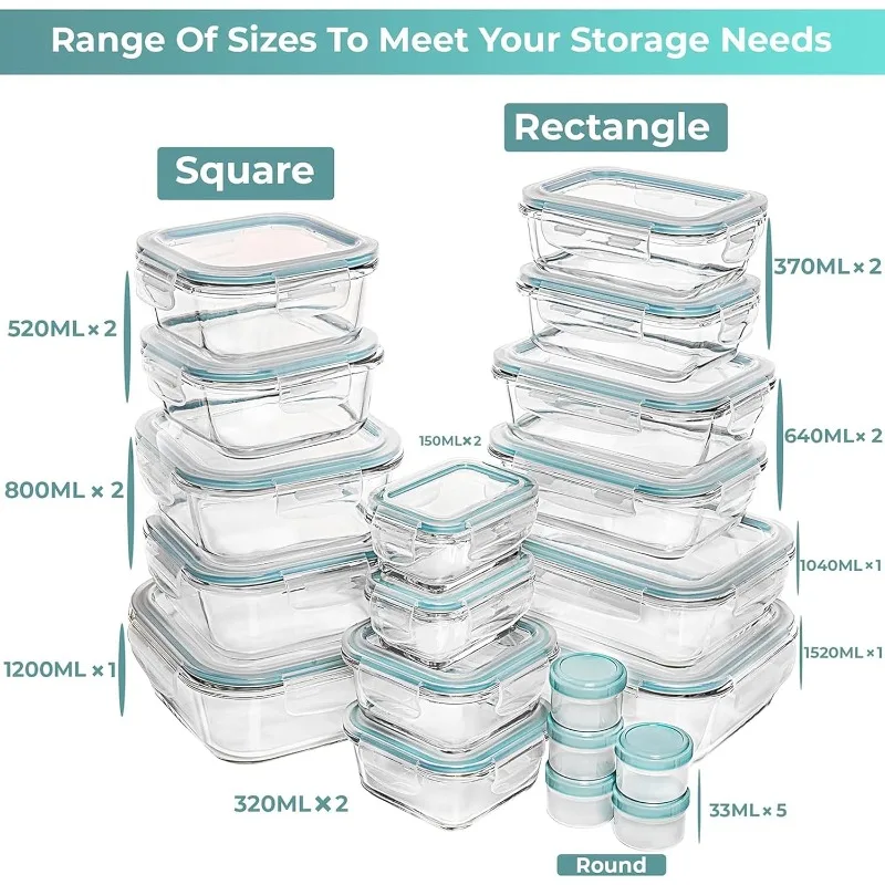 Juego de 35 recipientes de vidrio para almacenamiento de alimentos con tapas, cajas Bento herméticas para preparación de comidas, sin BPA, 100% a prueba de fugas