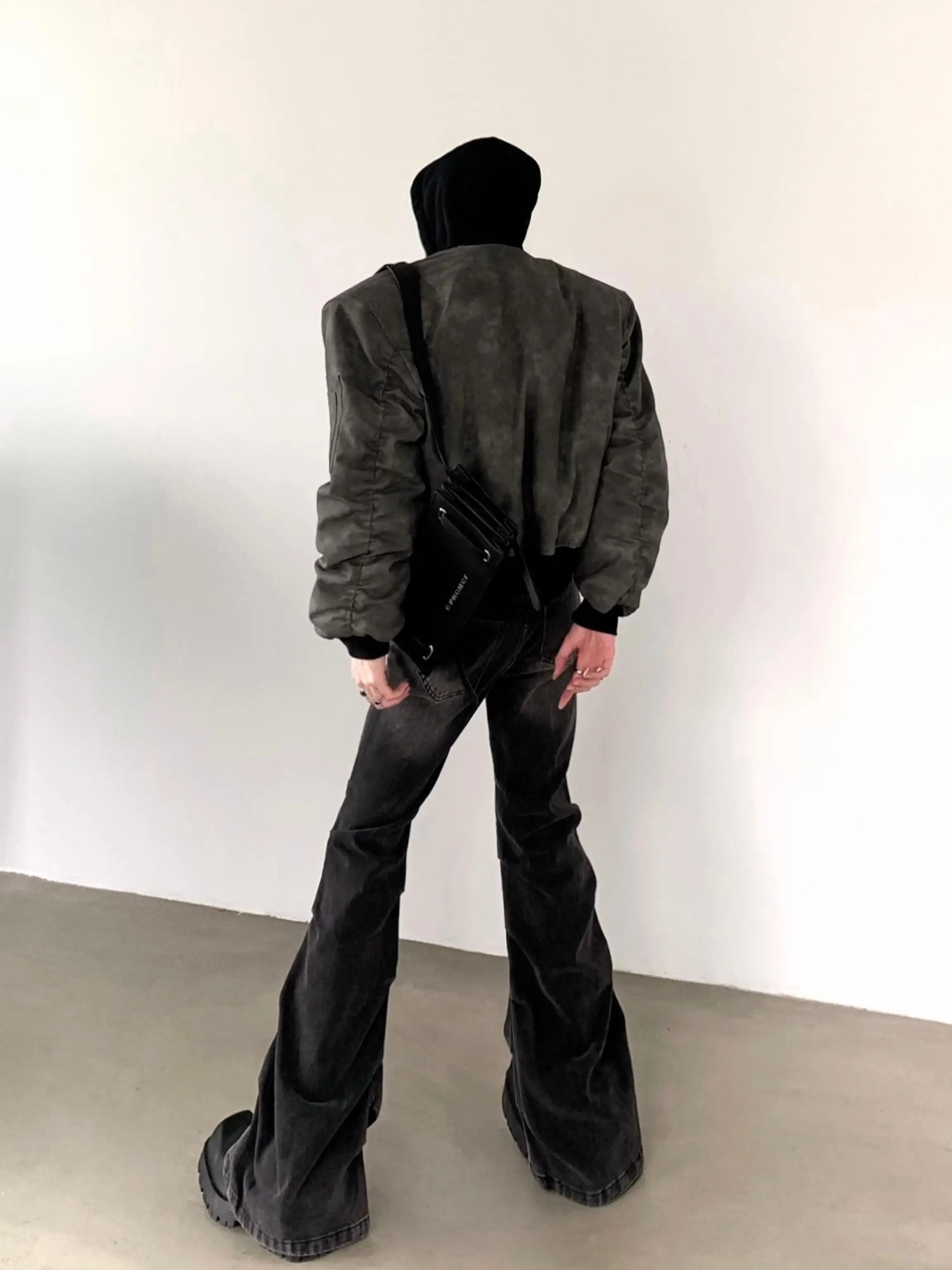 Washed Heavy Duty Men's Jeans High Street American Vibe Pleated Micro Flared Trousers Grey Denim High Waist Youth Casual Wear