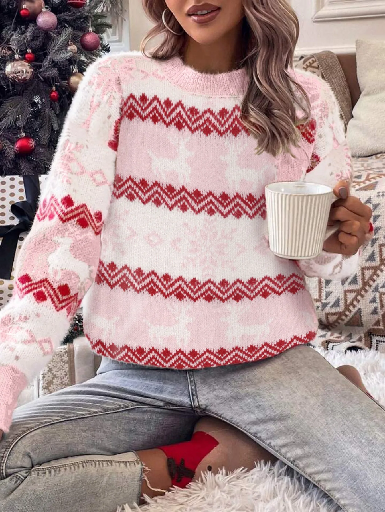 여성용 핑크 크리스마스 순록 패턴 오버사이즈 니트 스웨터 크루넥 홀리데이 풀오버 패션 여성용 편안하고 따뜻한 상의