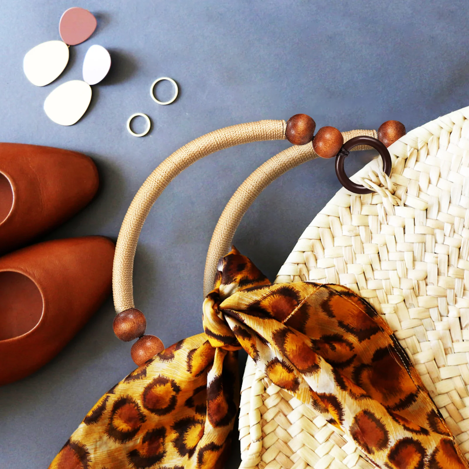 

4Pcs Wood Bead Bag Handles Woven Nylon Strap Set for Purse Handbag Shoulder Bag DIY Replacement Stylish Design