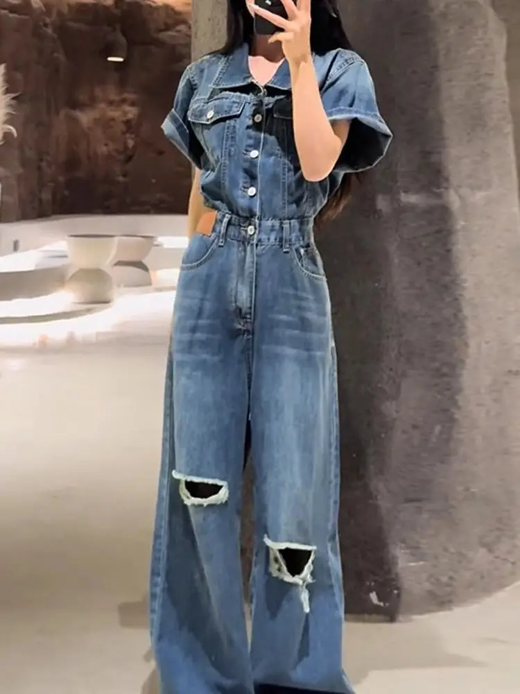 Women Summer New Retro Lapel Collar Casual Jumpsuit American Style Ripped High Waist Slimming Temperament Denim Jumpsuit