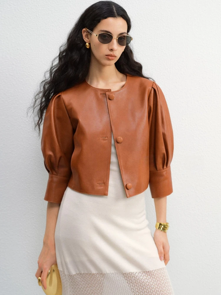

Classic O-neck Genuine Leather Jackets for Women Simple Three Quarter Puff Sleeve Design High-waisted Short Real Sheepskin Coat