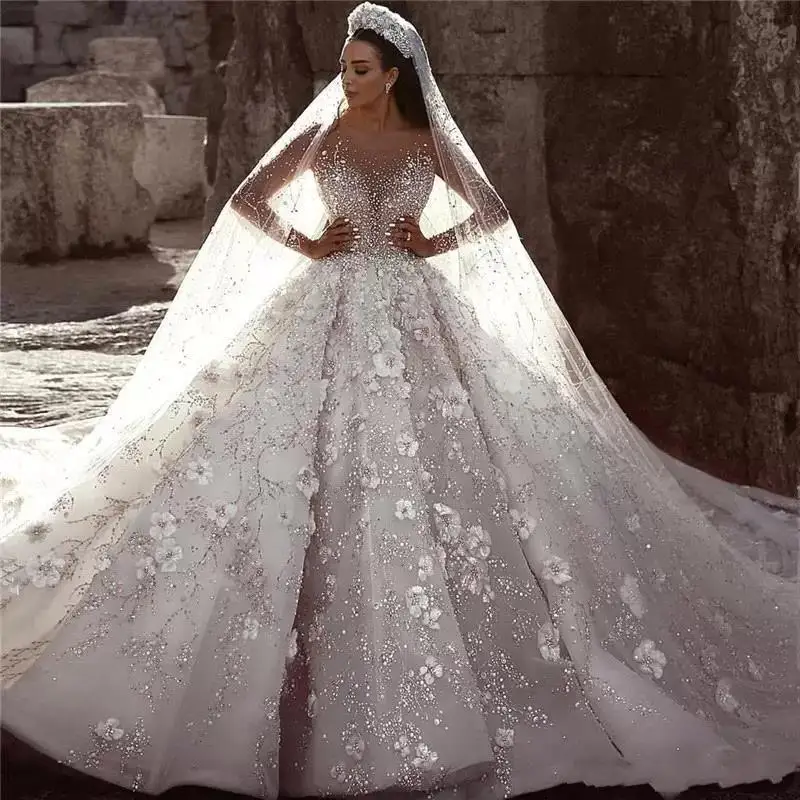 Customized Arabic Crystal Wedding Dresses Tulle Ball Gown Sheer Long Sleeve Beach Bridal Gowns Chapel Train Custom Made