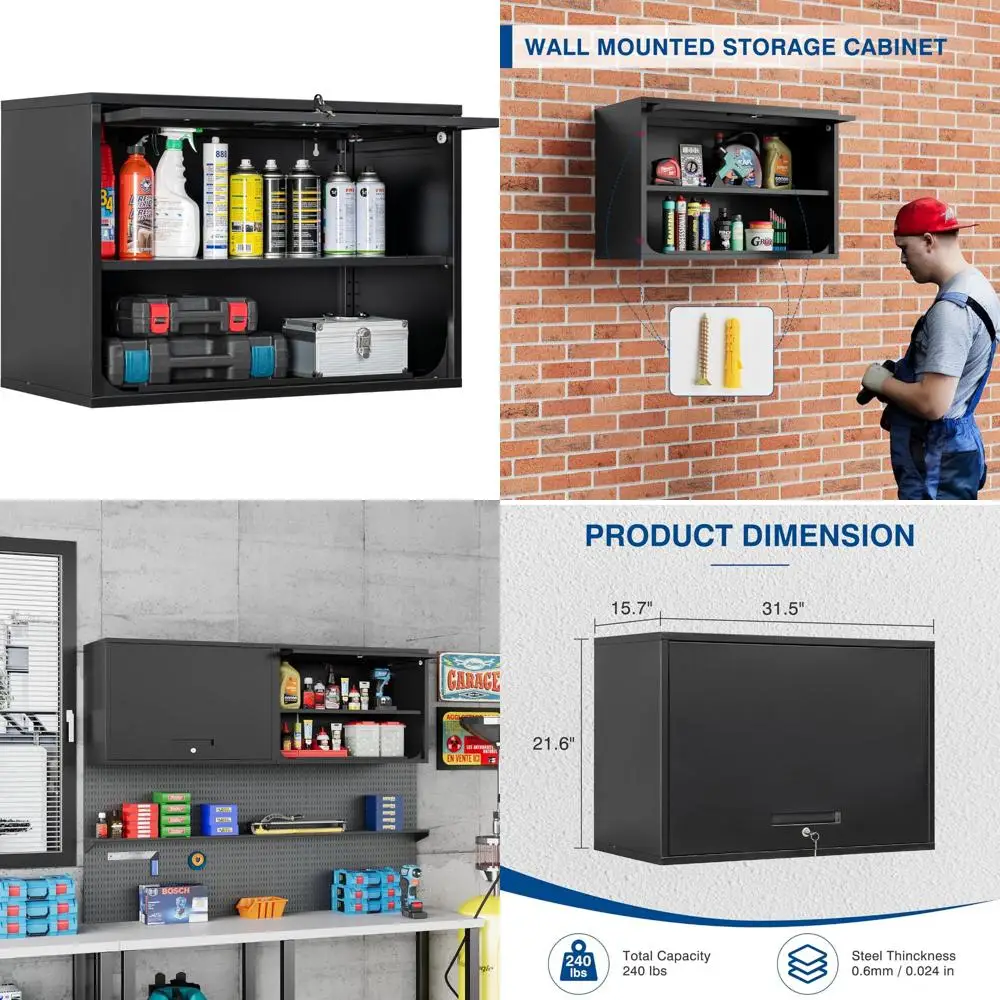 Black Metal Wall-Mounted Storage Cabinet with Shelf and Lock for Garage, Warehouse, Home Organization