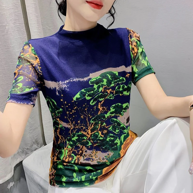 Summer Fashion O Neck Fashion Printing Pullover Top Women Short Sleeve Slim Casual Vintage T-shirt Ladies Harajuku Y2K Mesh Tee