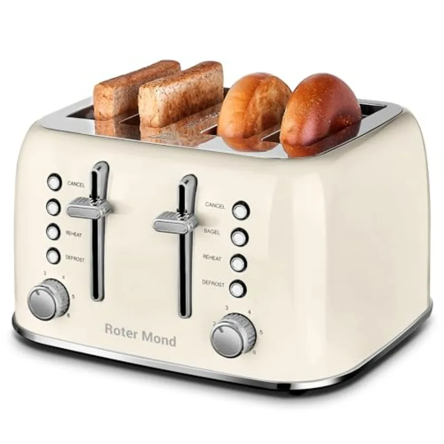 

4-Slice Retro Stainless Steel Toaster with Extra Wide Slots Bagel Defrost Reheat Function Dual Independent Control Panel Remova