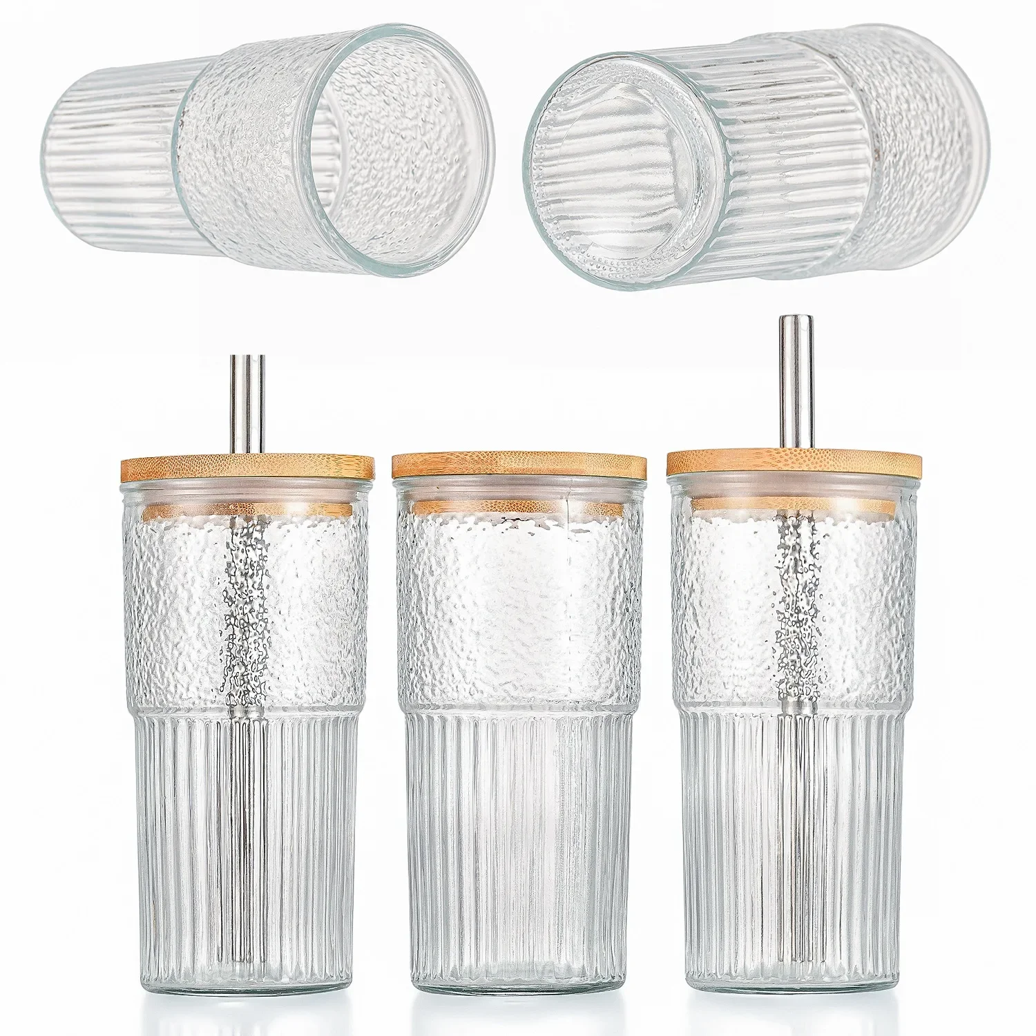 

20Oz 600ml Glass Straw Cup Hammer Pattern with Wooden Cover Car Juice Milk Tea Beverage Water Cup