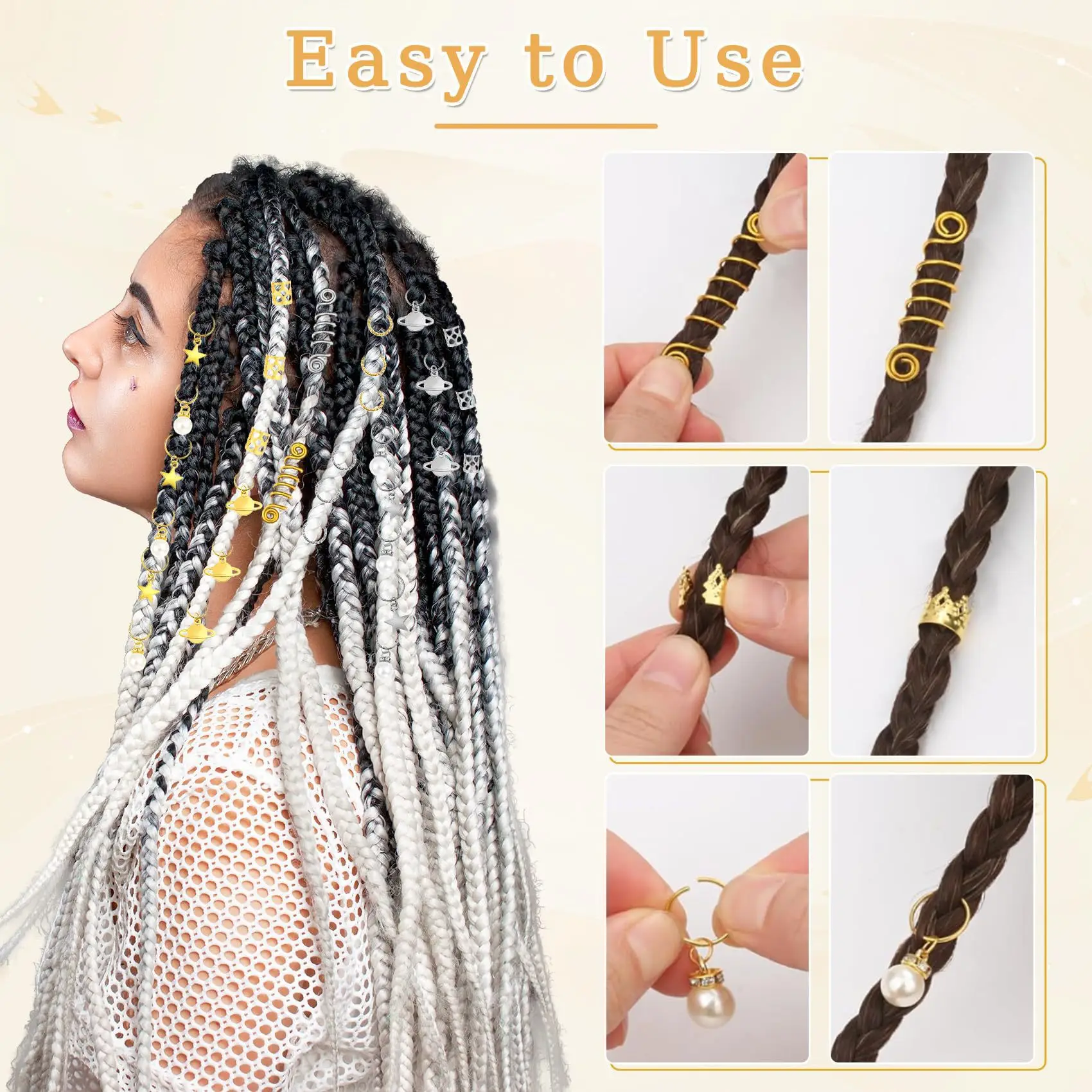 

Fashion 296 Piece Gold Silver Hollow Hair Ring Pendant Set Boxed Electroplated for DIY Personality Accessory Combo