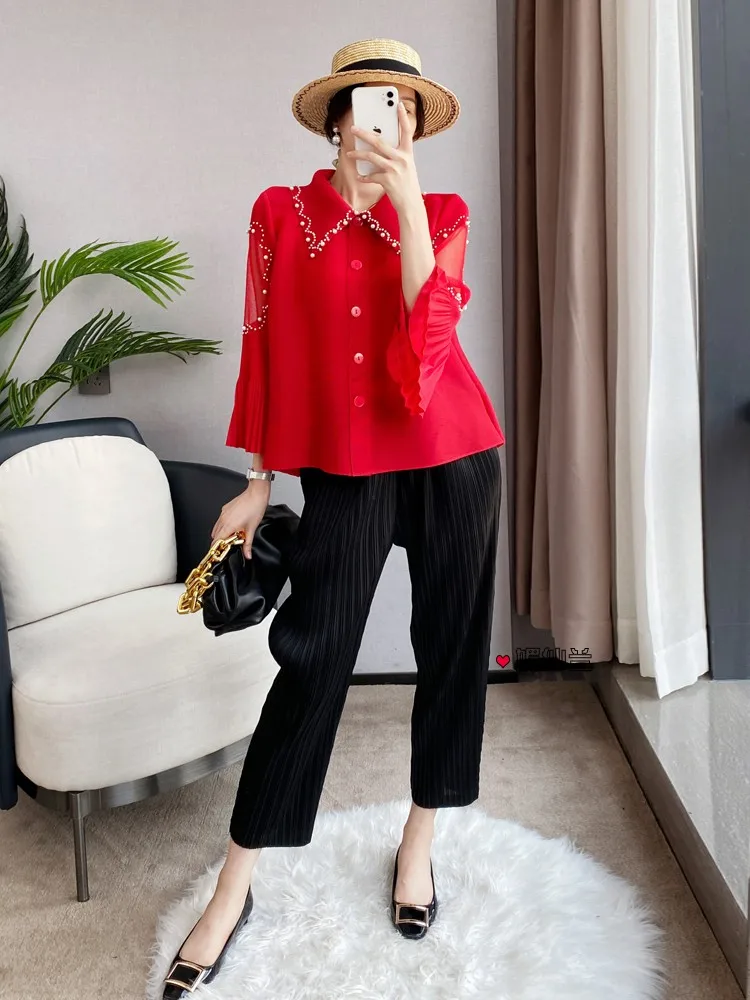 Feminine Flare Sleeve Beaded Shirts Women's 2025 Spring New Loose Comfort Over Size Chic Pleated Chic Top Solid Color Nice Shirt