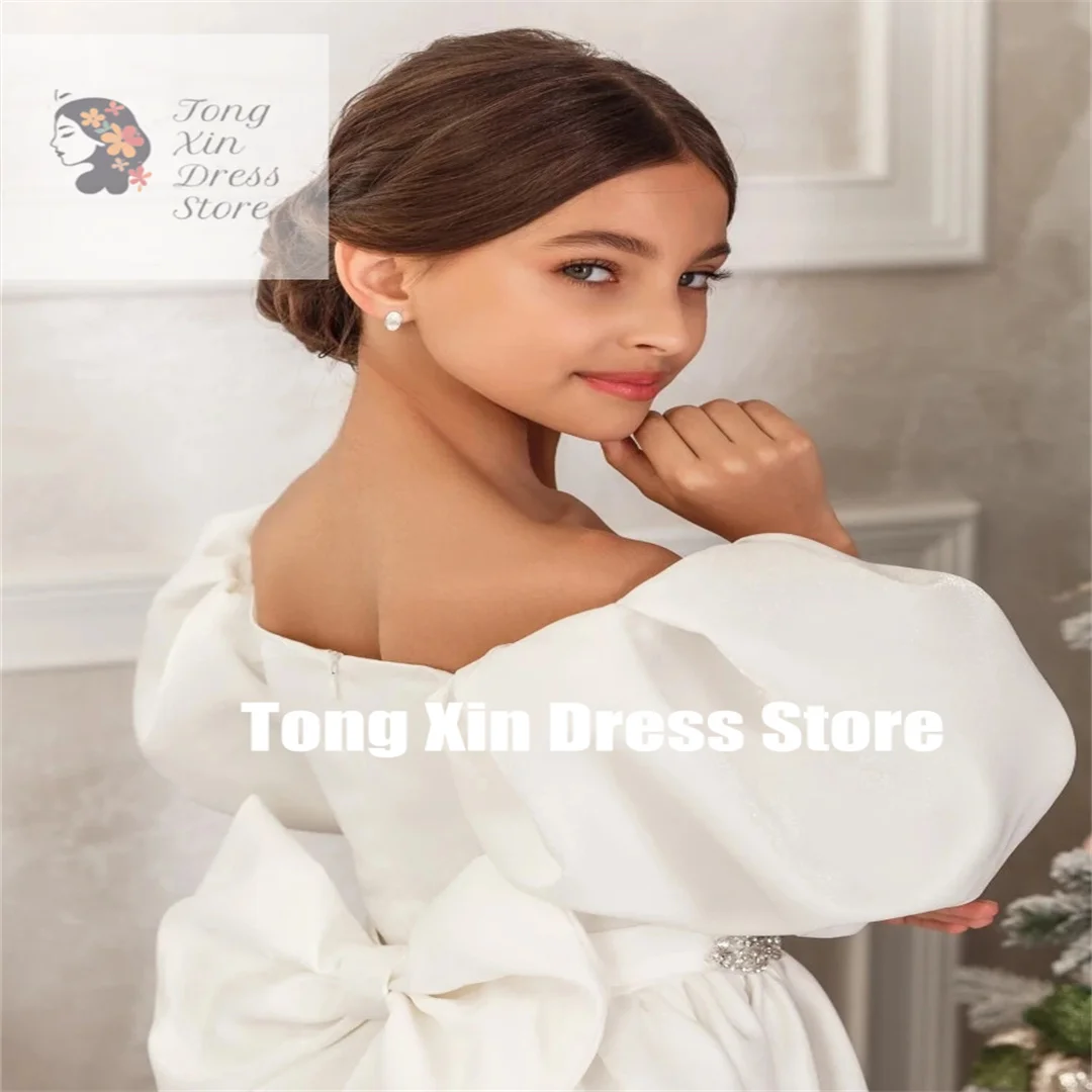 Customized Flower Girl Dresses White Satin Diamond Beltl With Bow Short Sleeves For Wedding Pageant Party Princess Gowns