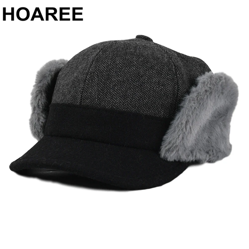 

HOAREE Winter Hat Women Bomber Hat Herringbone Earflaps Warm Ski Ladies Vintage Casual Camel Patchwork 2024 New Russian Hat