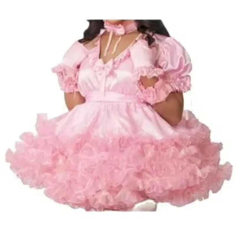 

French Sexy Adult Giant Baby Pink Satin Dress Sissy Role Play Makeup Prom Maid Dress Custom Lockable Multi Color