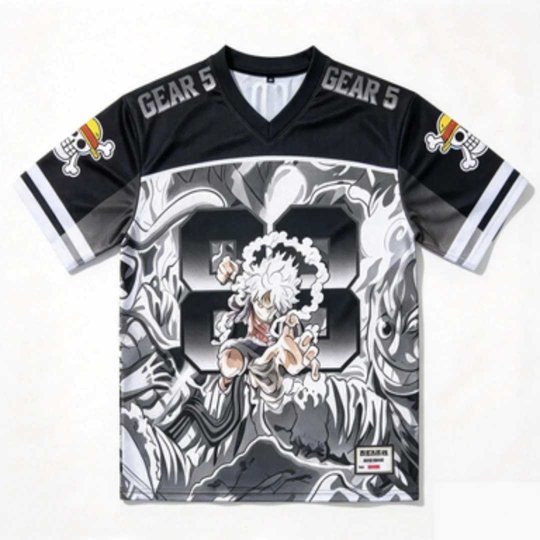 Luffy Gear5 Printed Mesh T-shirt, Breathable V-neck Cartoon Print Anime Fan Cosplay Streetwear Top Pirate Skull Pattern T-shirt