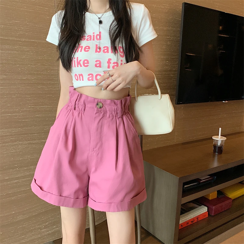 

Антивозрастные шорты с эластичной резинкой на талии, женские летние шорты трапециевидной формы с высокой талией в западном стиле, брюки пять четвертей, свободные широкие брюки