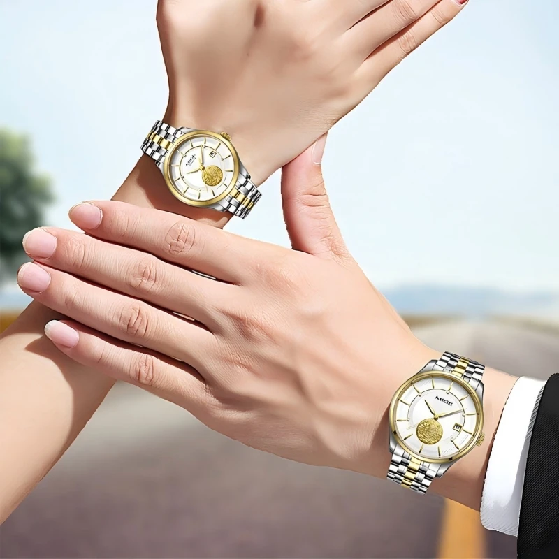 MIGE Original Miyota Automatical Mechanical Watch for Couples Calendar Diamond Sapphire 24K Gold Stainless Steel Wristwatch