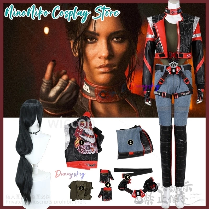 

Anime Game Panam Palmer Cosplay Red And Black Leather Jackets Punk Y2K Girls Fashion Uniform Belt Wig Halloween Party Customized
