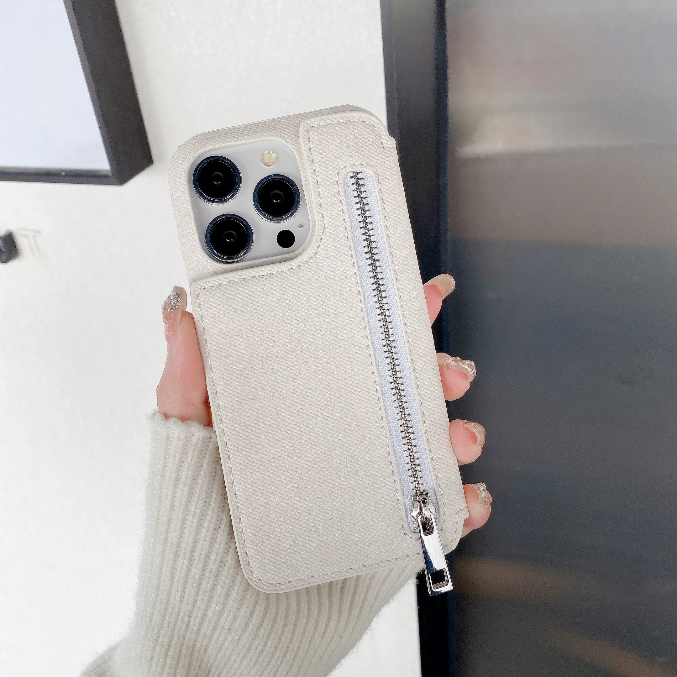 Zipper Cards Solt Wallet Denim Case for IPhone 15 Pro Max 14 Plus 13 12 Mini 11 6 7 8 SE 2022 Makeup Mirror Bag Pocket Cover