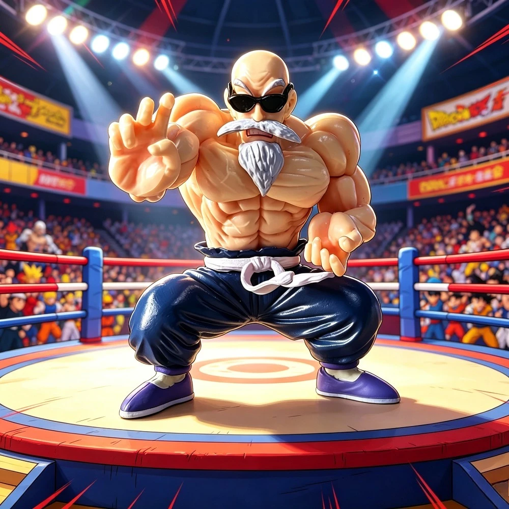 9cm Anime Dragon Ball Z Muskelmeister Roshi Figur in Kampfposition PVC Desktop-Display Ornament Sammlerstück Modell Spielzeug Geschenk