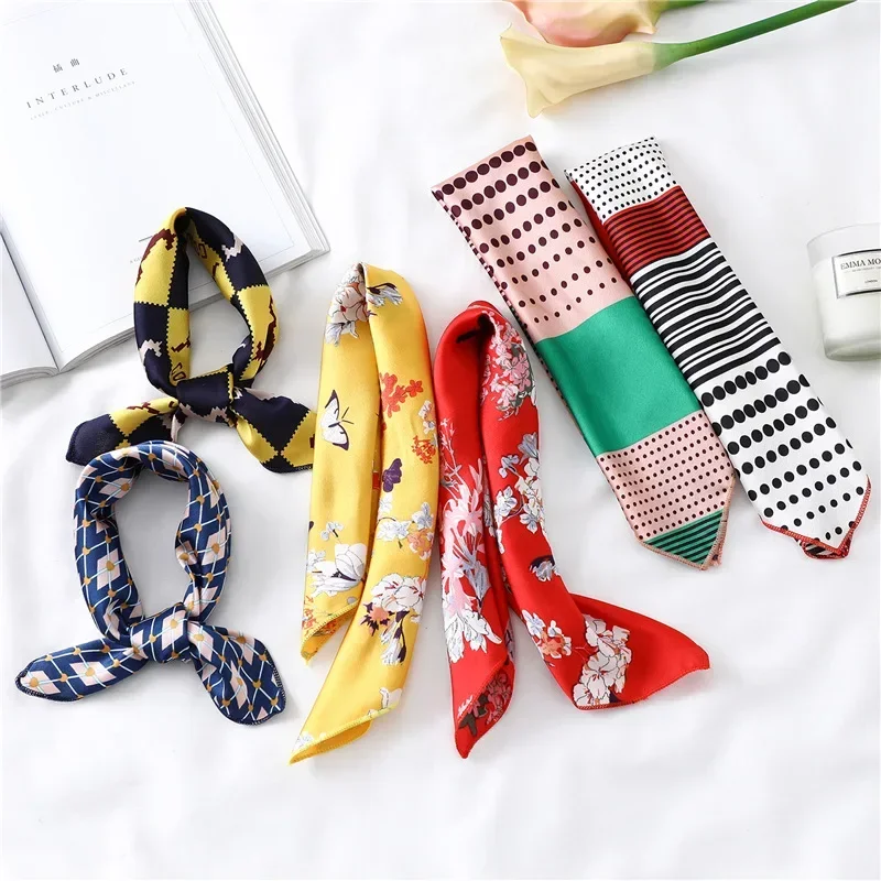 Women Small Satin Silk Scarf Square Print Wrap Foulard Femal Handkerchief Bandana Neck Hair Skinny Tie Scarves Shawls Scarves