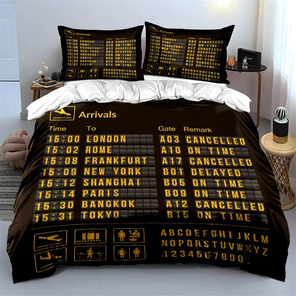 

3pcs Flight Arrival Information Board Duvet Cover Set with 3D Printing Design Soft Polyester Bedding Set All-Season Comfort