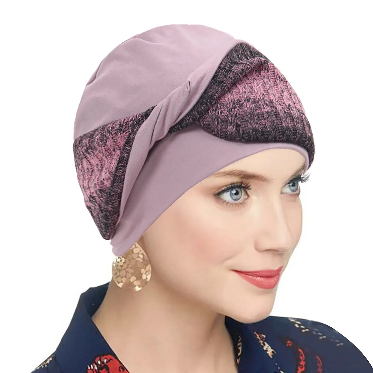Fashion 2pcs Women Color Block Twist Turban Hat Knitted Spliced Stretchy Indian Head Wrap Cap Beanie Hat For Ladies Headwear New