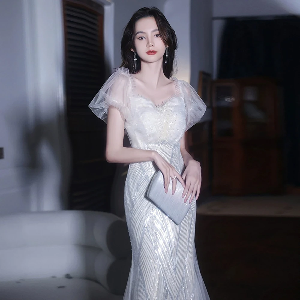 

Luxury Glitter Mermaid Dress Women Banquet Evening Dresses French Style White Sequin Slim Fishtail Dress Wedding Party Ball Gown