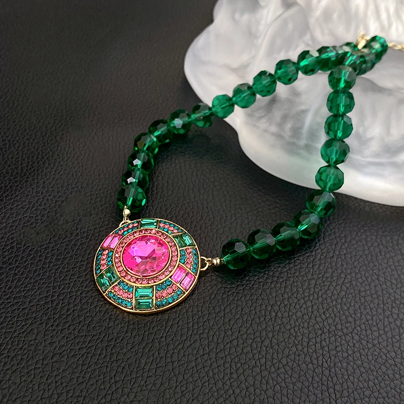 Two-piece Women Jewelry Sets Rhinestone Round Earrings Necklace Set Retro Light Luxury Emerald Exaggerated Accessories view 4